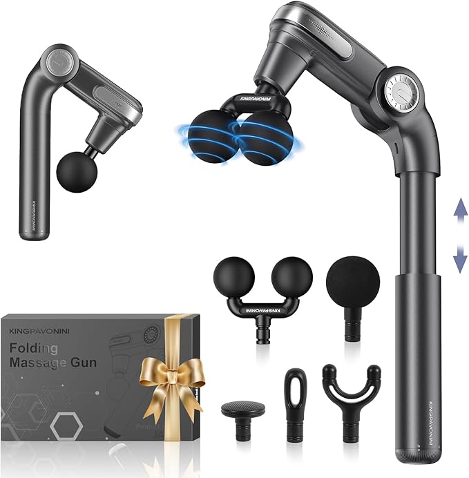 KingPavonini Foldable Massage Gun with Dual-Ball Head, Adjustable Head & Extendable Handle, Handheld Back Massage Gun Deep...