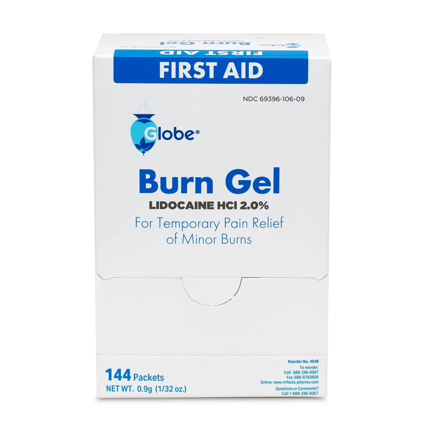 Globe First Aid Burn Gel with Aloe 0.9g Packets, (Box of 144) Advanced First Aid Gel for Temporary Relief of Minor Burns, Cuts, and Scrapes
