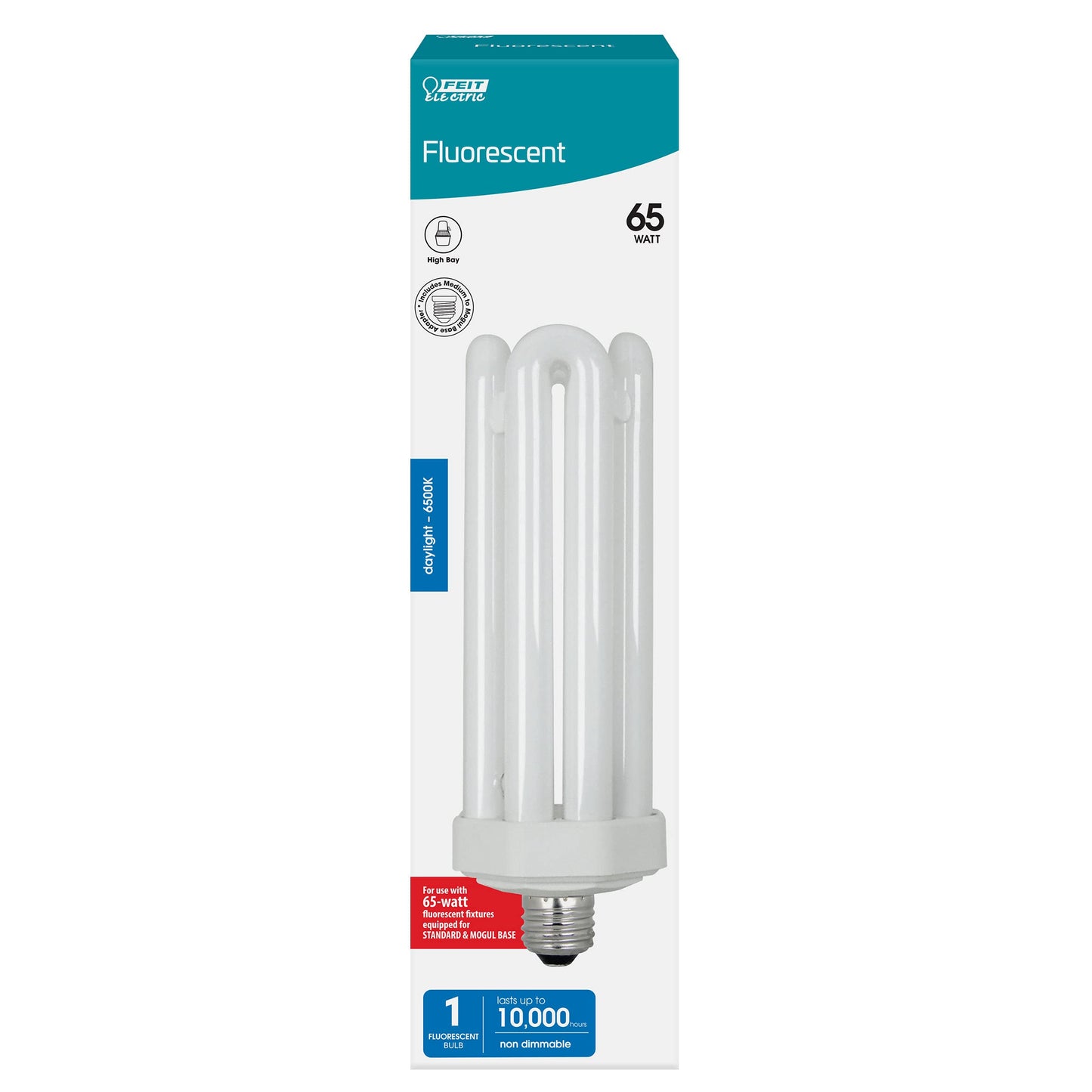 Feit Electric CFL Quad Tube Light Bulb, 300W Equivalent, E26 Base with Adapter, 65W, 6500K Daylight, Model PLF65/65, 1