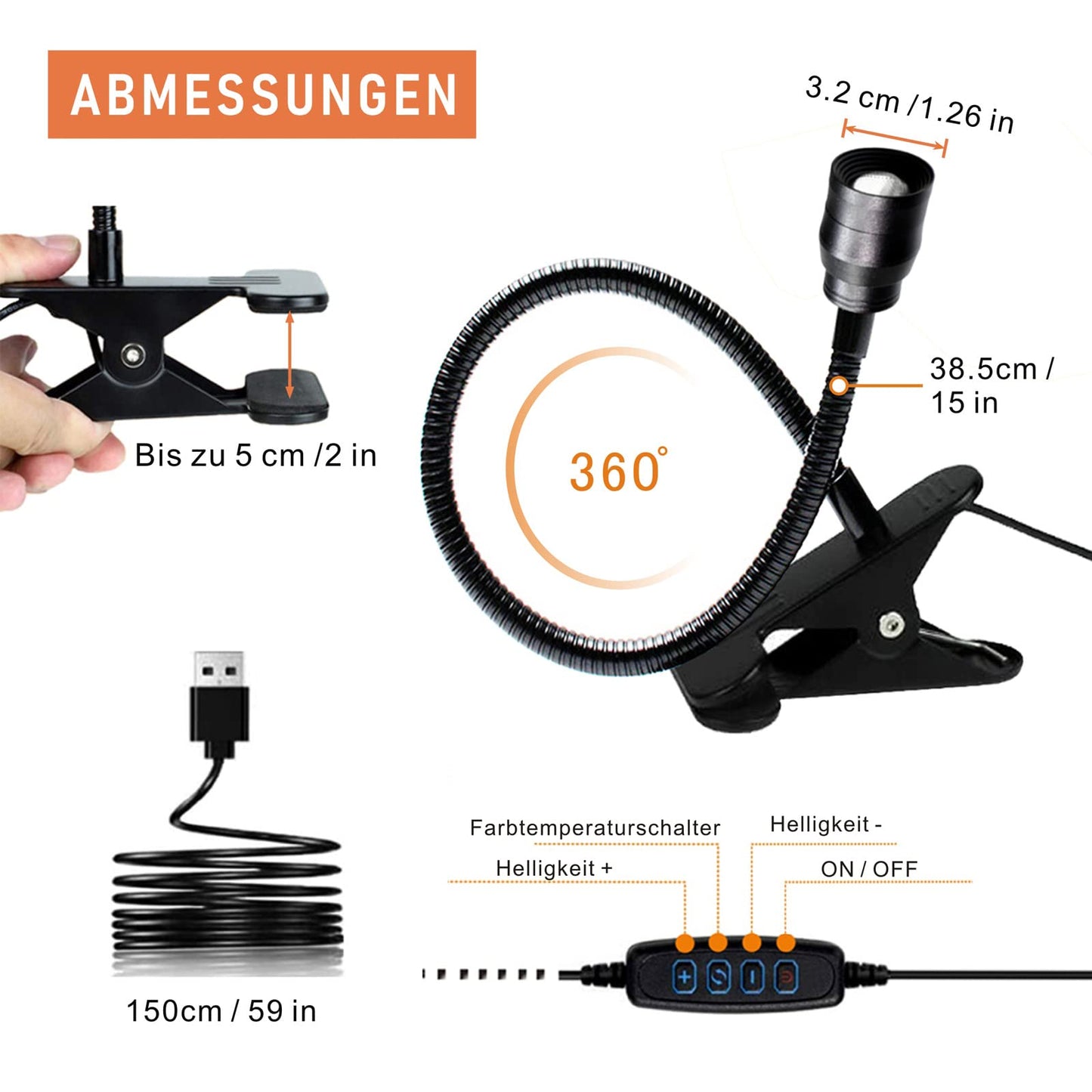 Ymcrlux Zoomable Led Reading Light, Dimmable Usb Clip-On Lamp, Adjustable Beam, Black, Model Zcl01