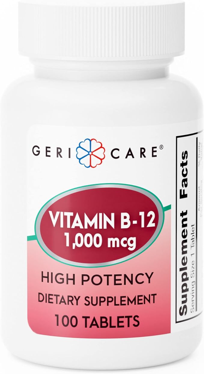GeriCare Vitamin B-12 1000mcg High Potency Tablets, Premium Dietary Supplement for Boosting Energy, Supporting Brain Health, and Maintaining a Healthy Nervous System 100 Count (Pack of 1)