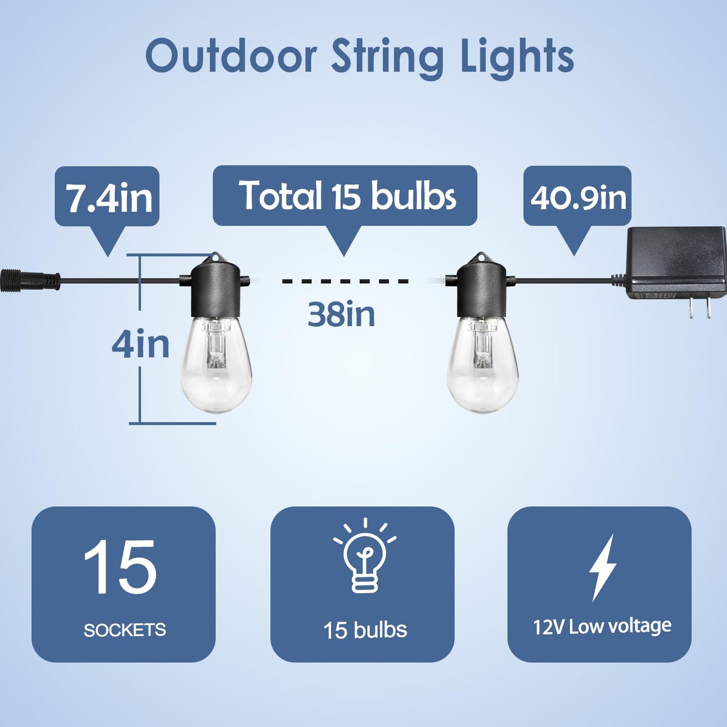 GANA Outdoor String Lights, 48FT, 15 Shatterproof Bulbs, 2200K Warm White, Plastic, Commercial Wire