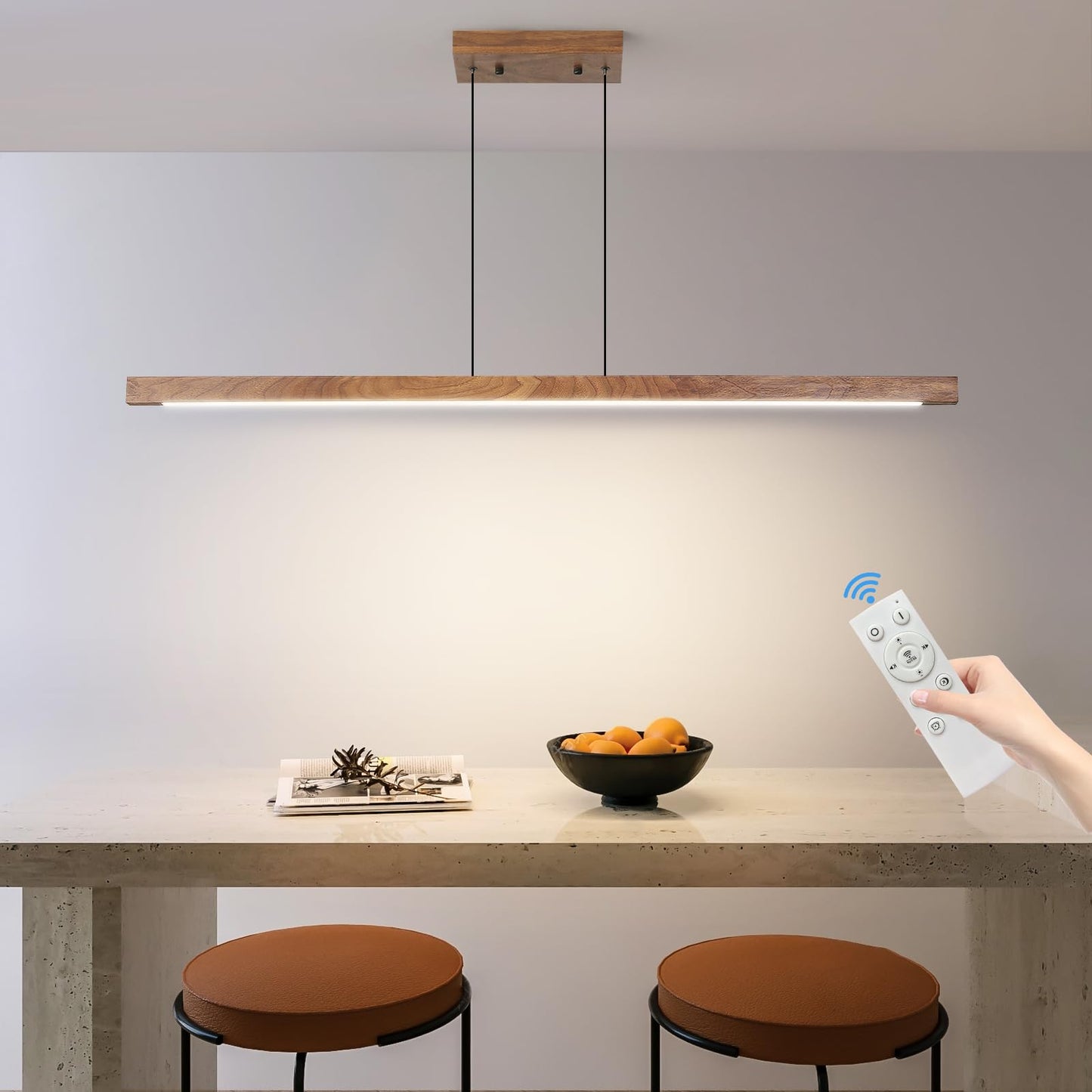 Mikeru Modern Wooden Pendant Light, 47IN Walnut Chandelier, Aluminum, Remote Control, Adjustable Color Temperature