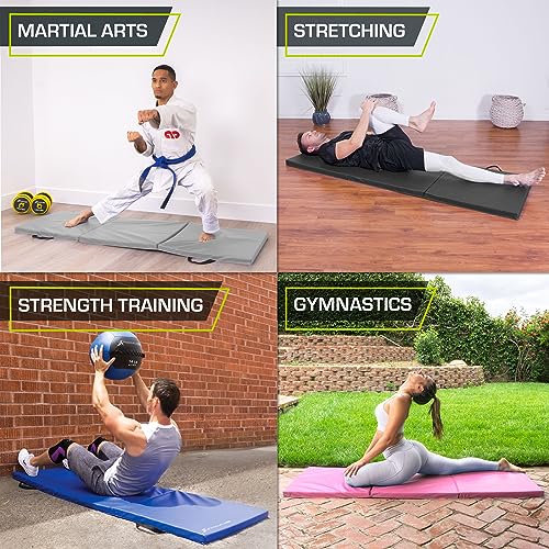 ProSource Tri-Fold Folding Thick Exercise Mat 6’x2’ with Carrying Handles for MMA, Gymnastics, Stretching, Core Workouts