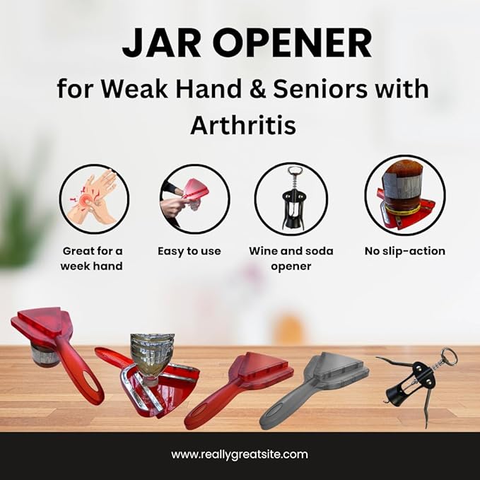 Jar Opener for Weak Hand & Seniors with Arthritis BY HPBIZ With Wine&Bottale Opener (RED)