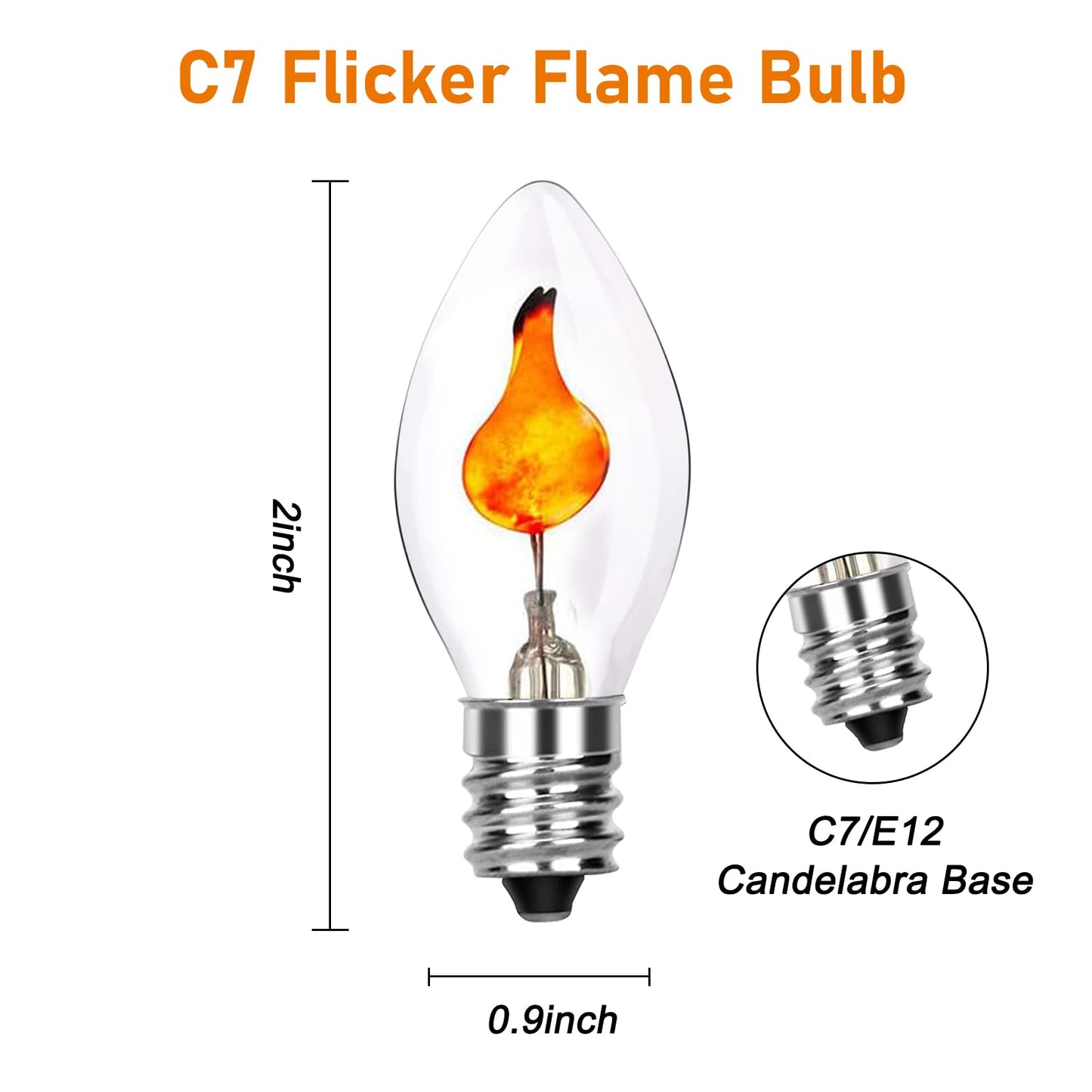 Sunsgne C7 Flicker Flame Light Bulbs, 1W Clear Glass, E12 Base, 25 Pack, Orange Glow For Halloween & Christmas Decorations