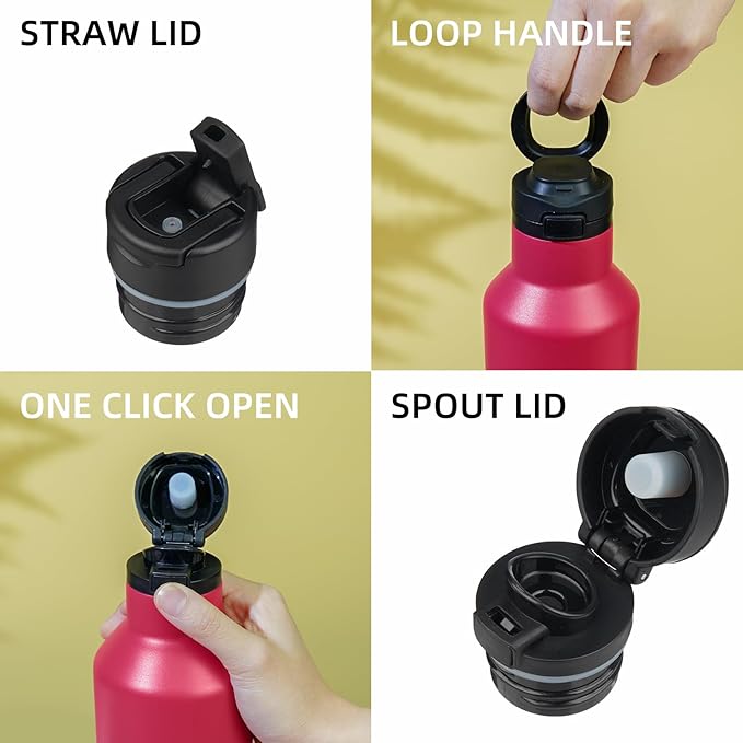 BJPKPK Insulated Water Bottle With Straw 17oz Stainless Steel Water Bottles With 2 Lids And Carry Handle Reusable Travel Metal Thermal Flask,Charming Black Red