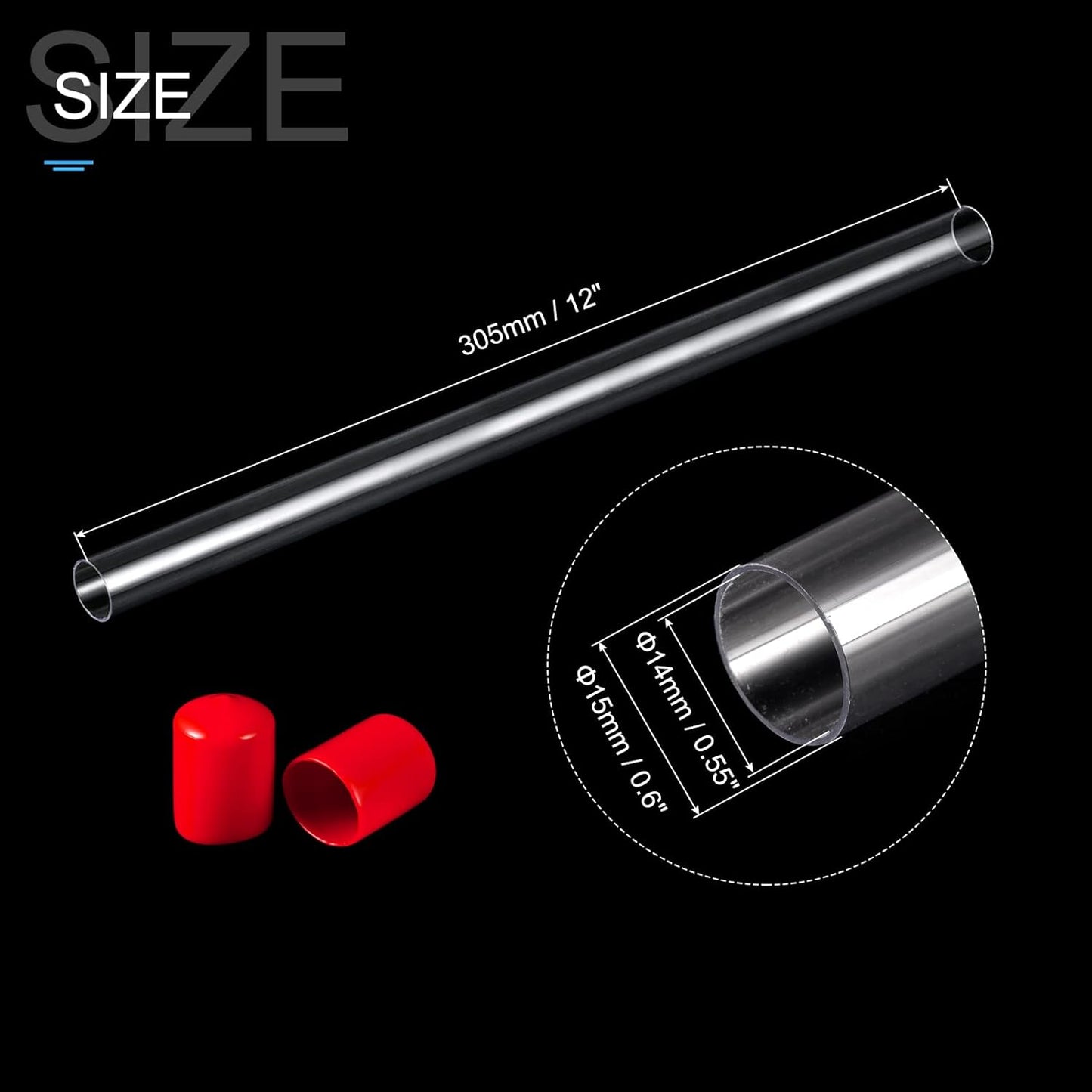 PATIKIL Clear Rigid Tube Round Plastic Tubing with Red Rubber Caps Polycarbonate Water Pipe, 305mm/ 12 Inch Length, 14mmx15mm/0.55"x0.6", 2 Set