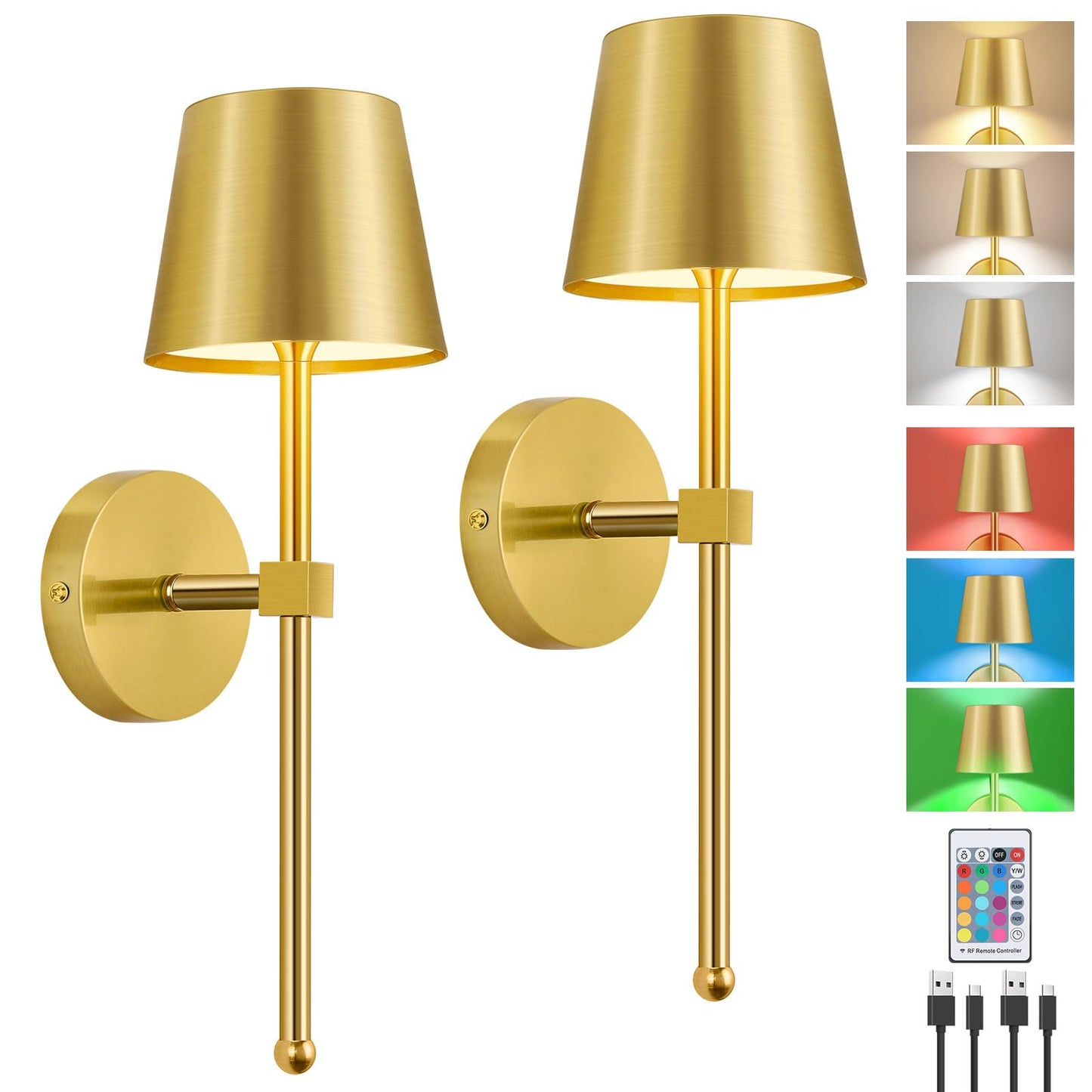 LIGHTESS Battery Operated Wall Sconce Set of Two, Dimmable, Remote Control, Metal, Gold, Model LG-CANCAN02