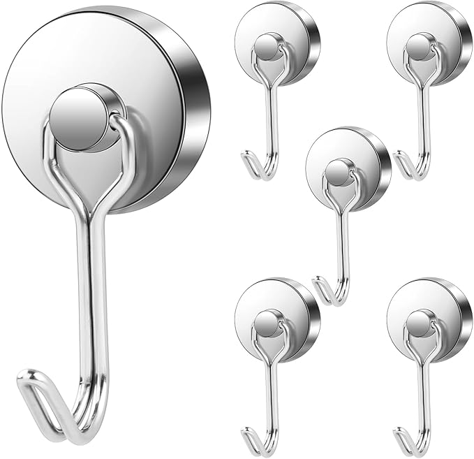 LOVIMAG Hooks, 85lbs+ Magnetic Magnet Hook 2025 Cruise Cabin Ship Essentials Heavy Duty Strong Refrigerator Fridge Hanging for Classroom Beach Vacation Kitchen Grills Home Mug Hanger (6 Pack), Silver
