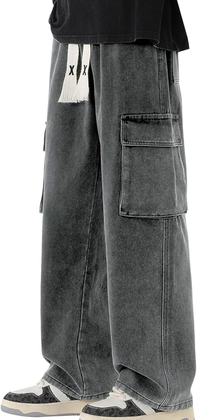 Mens Baggy Jeans Pants Loose Wide Leg Elastic Waist Cargo Pants Y2K Trendy Straight Drawstring Comfort Streetwear Trousers