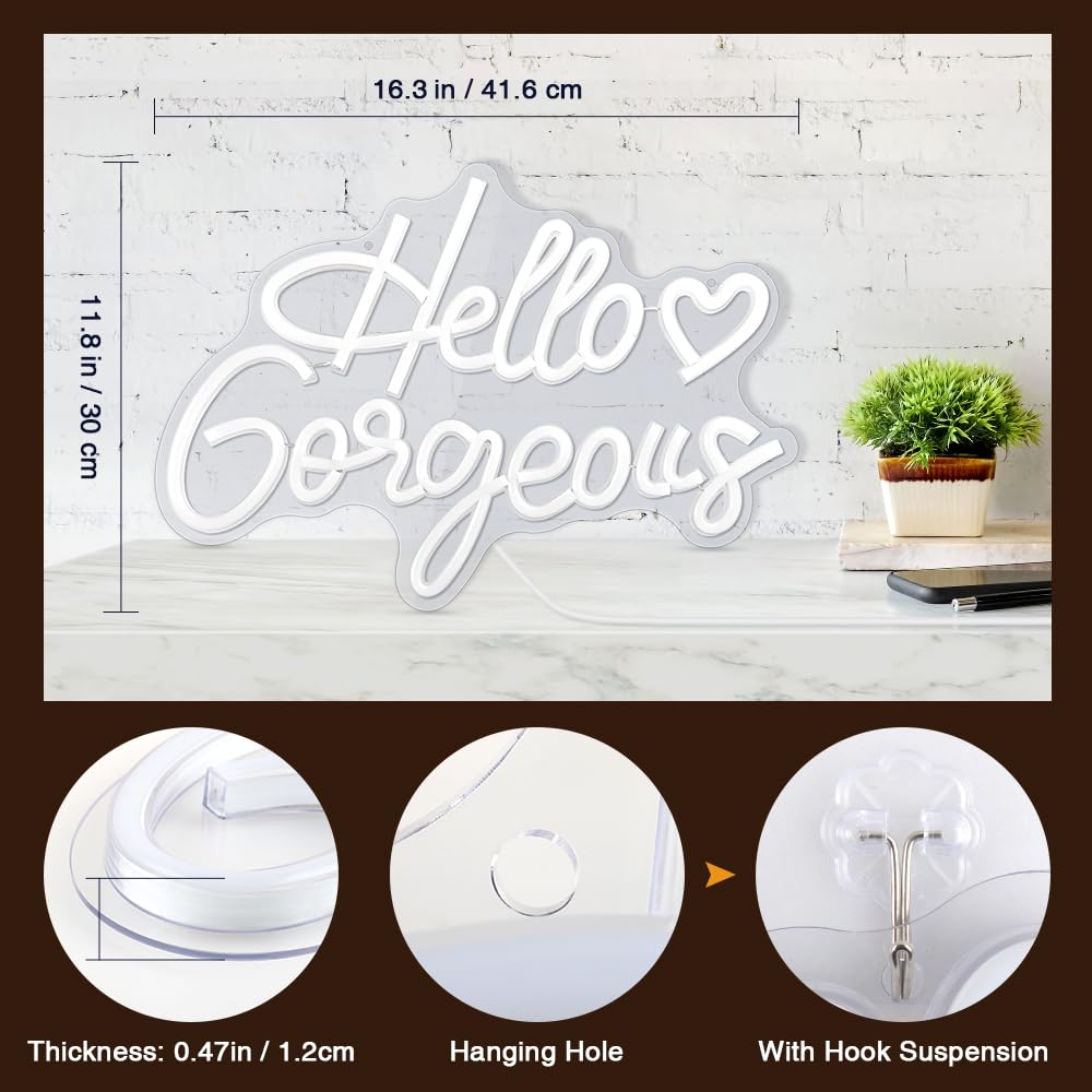 Arrinew LED Neon Sign - Hello Gorgeous, Warm White, 16.3inx11.8in, Model NHD09, USB Powered Wall Decor for Gamer Room and Man Cave