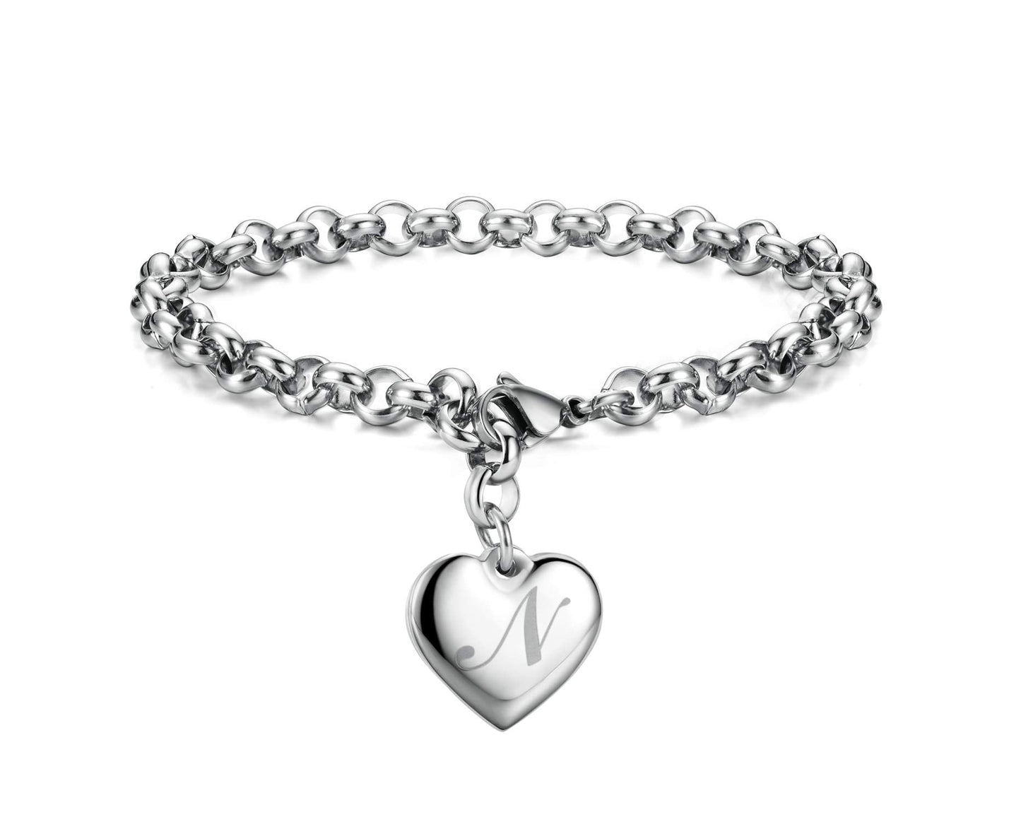 Monily Initial Charm Bracelets for Women Stainless Steel Charm Bracelets for Women Letters N Alphabet Heart Bracelet Jewelry Gif
