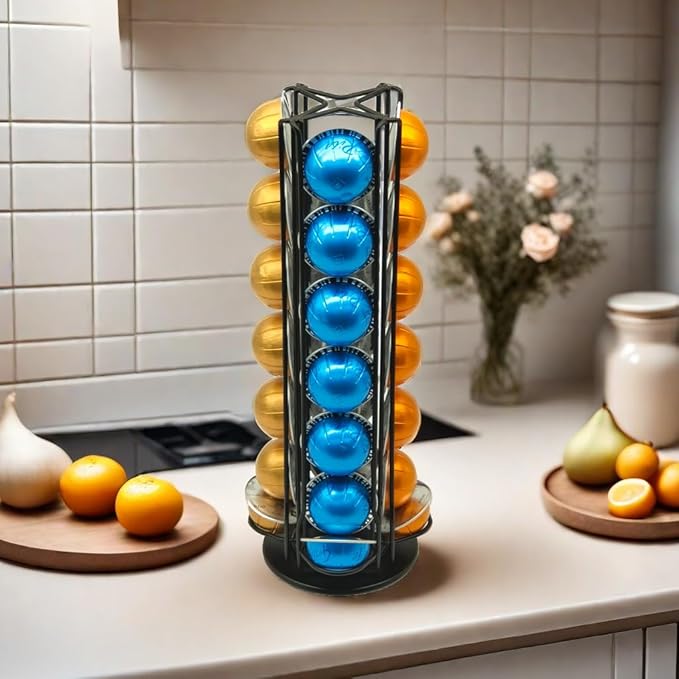 Vertuo Pod Holder Carousel Stand for 28 Nespresso Vertuo Capsule Storage Organizer with Extra Space for Coffee Mate Silent Rolling，Black