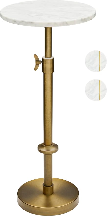 Adjustable-Height Marble Drink Table - 10x10x22-30, White Marble & Antique Brass, Modern Round End Table, Side Table with ...