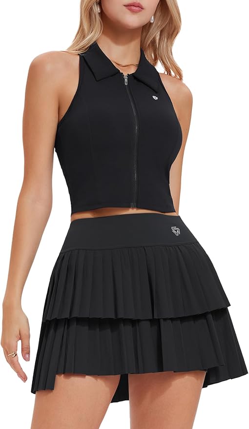 Tennis Skirt Set for Women Two Piece Golf Pickleball Outfits Double Ruffle Pleated Athletic Skirts Sets with Pockets