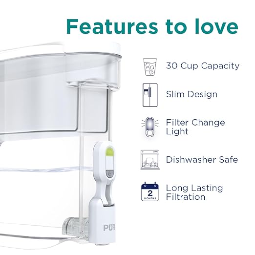 PUR PLUS 30-Cup Water Filter Dispenser with 1 Lead-Reducing PUR PLUS Filter, Dishwasher Safe, Powerful Filtration, Large Capacity with Slim, Space-Saving Design, White (DS1811Z)
