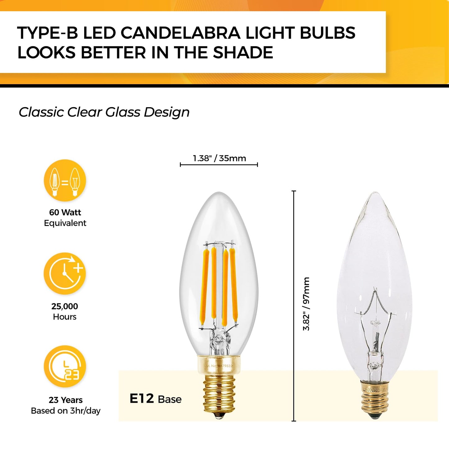 Hizashi 60W Dimmable Candelabra Led Bulbs, 2700K Soft White, E12, B11, 12 Pack, Ul Listed, 550Lm, Glass