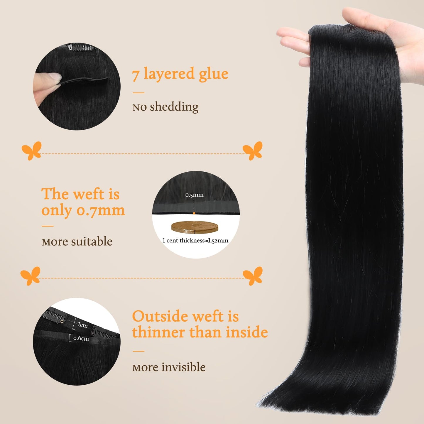 DOORES Clip in Hair Extensions Real Human Hair Invisible Edge, Jet Black 130g 7pcs 18 Inch Clip in Virgin Hair Extensions, Natur