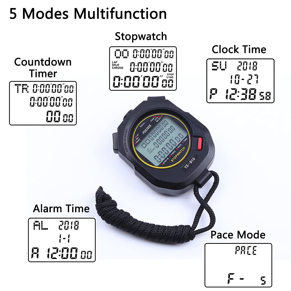 PULIVIA Sports Stopwatch Timer 10 Lap Split Memory Digital Stop Watch, Countdown Timer Pace Mode 12/24 Hour Clock Calendar with Alarm, 3 Rows Display Large Screen Water Resistant Battery Included