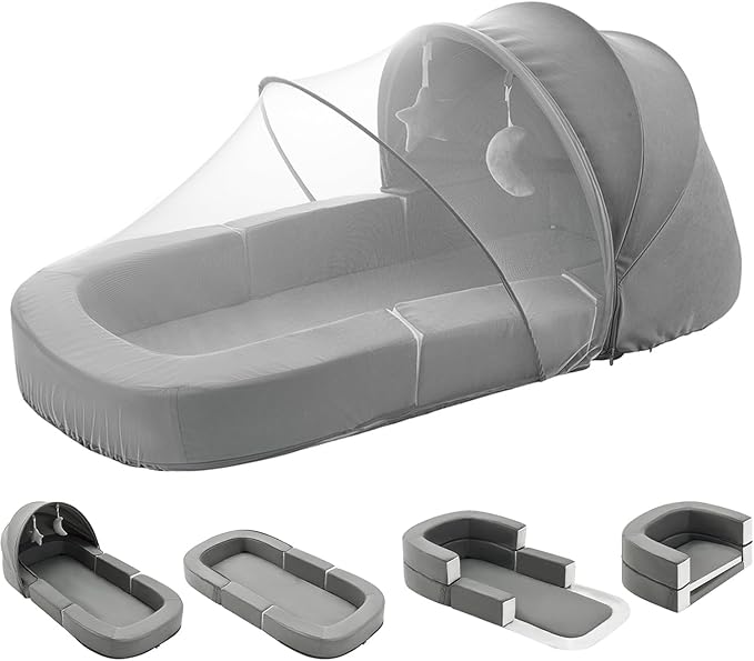 Todldler Baby Travel Bassinet Bed & Chair, Fold Out Sofa Couch Lounger with 2-1 Mosquito & Canopy, Foldable Portable Travel Cot with Foam Raised Safety Bumpers for Infant Toddlers 0-36 Months (Grey)