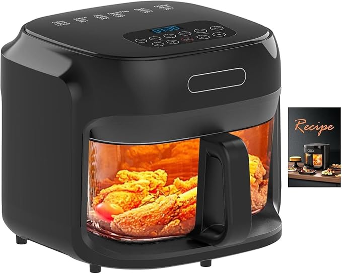 6.4QT Air Fryer with Visible Glass Bowl, 360° Even Heating System, Digital Control, Easy Clean (Black)