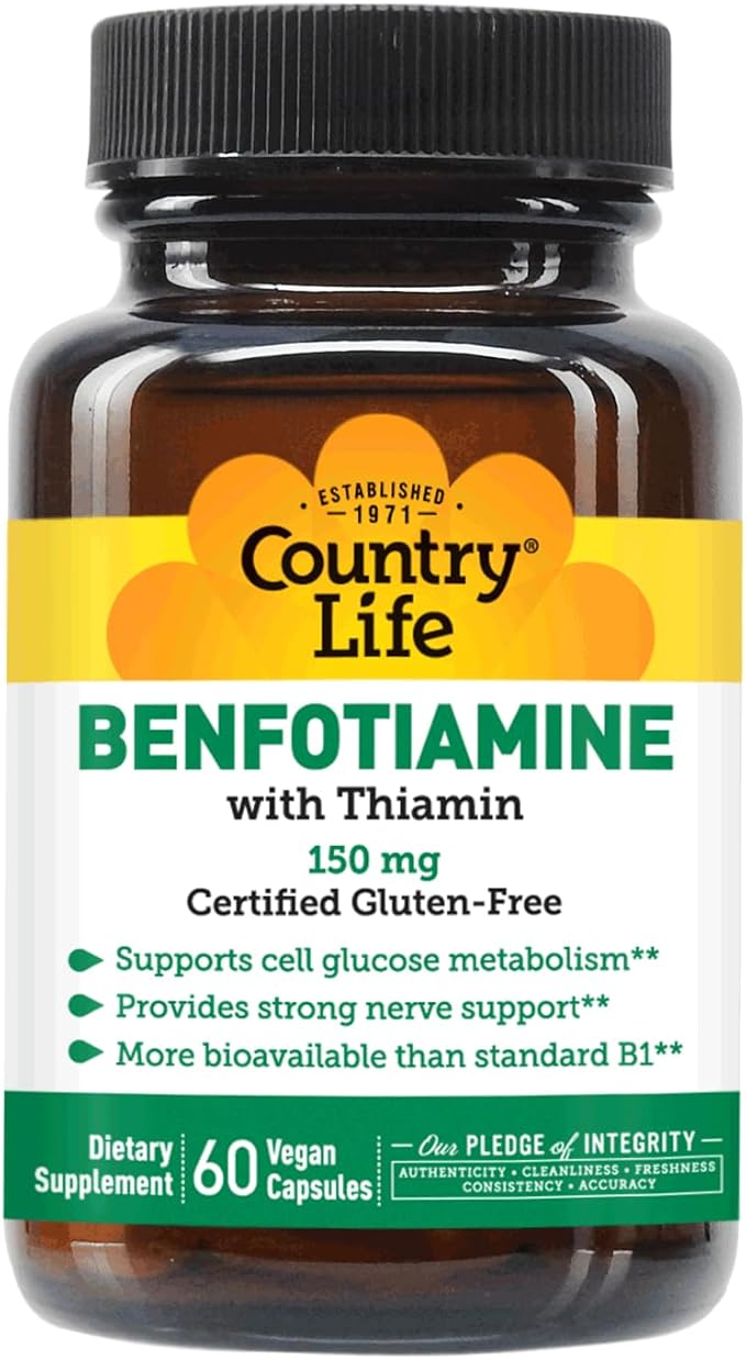 Country Life Benfotiamine with Thiamin,150mg, 60 Vegetarian Capsules, Certified Gluten Free, Certified Vegan
