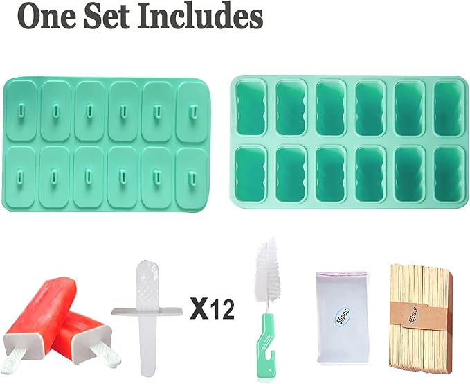 Silicone Popsicle Molds with Sticks Wpunwen 12 cavity Ice Popsicle MoldsIce Cream Mold with Clean Brush 12 Reusable Sticks 50 Sticks 50 Bags Green