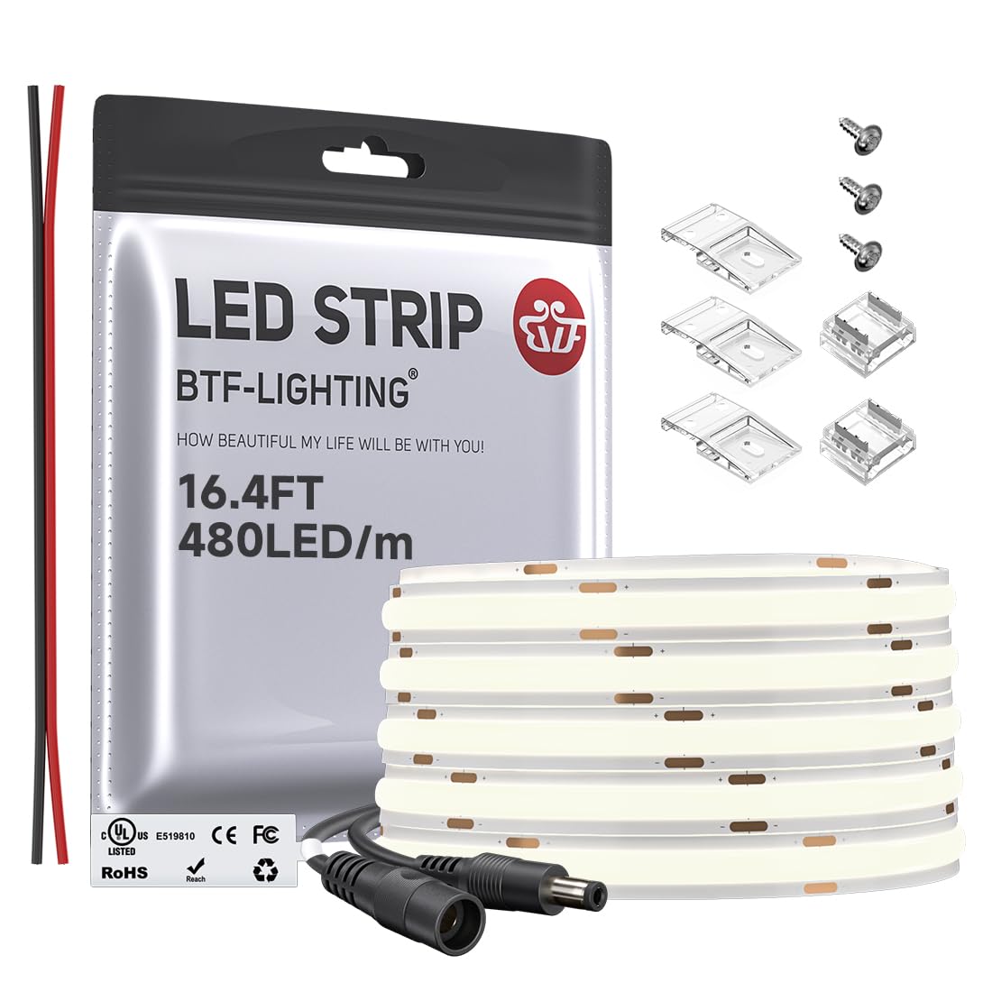 Btf-Lighting Fcob Cob Led Strip Flexible High Density Uniform Light 9W/M 16.4Ft Dc12V Daylight White 5000K 480Leds/M Cri 90+ 8Mm Width Dimmable Led Ribbon For Indoor Decor(No Adapter Or Controller)