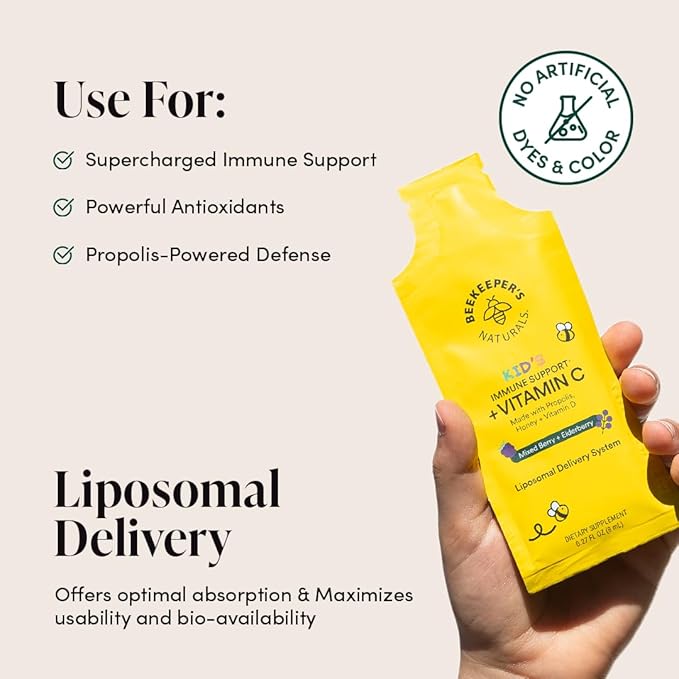 Kid's Immune Liposomal Vitamin C by Beekeeper's Naturals, 500 mg Vitamin C, Elderberry, Vitamin D, Propolis & Honey, Kid-Friendly Immune Support - Mixed Berry Flavor, Easy to Use, Bioavailable, 30 Ct