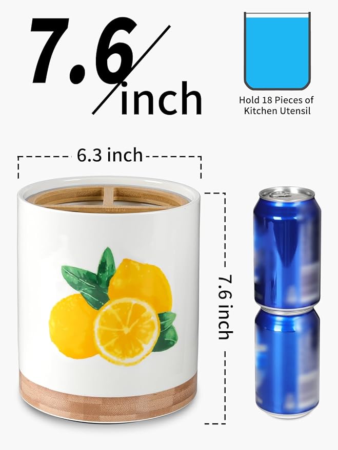 HAPPY KIT 7.6″ Extra Large Kitchen Utensil Holder 360° Rotating Utensil Holder for Kitchen Counter with 3 Removable Compartment, Housewarming Gift & Farmhouse Decor (Lemon)