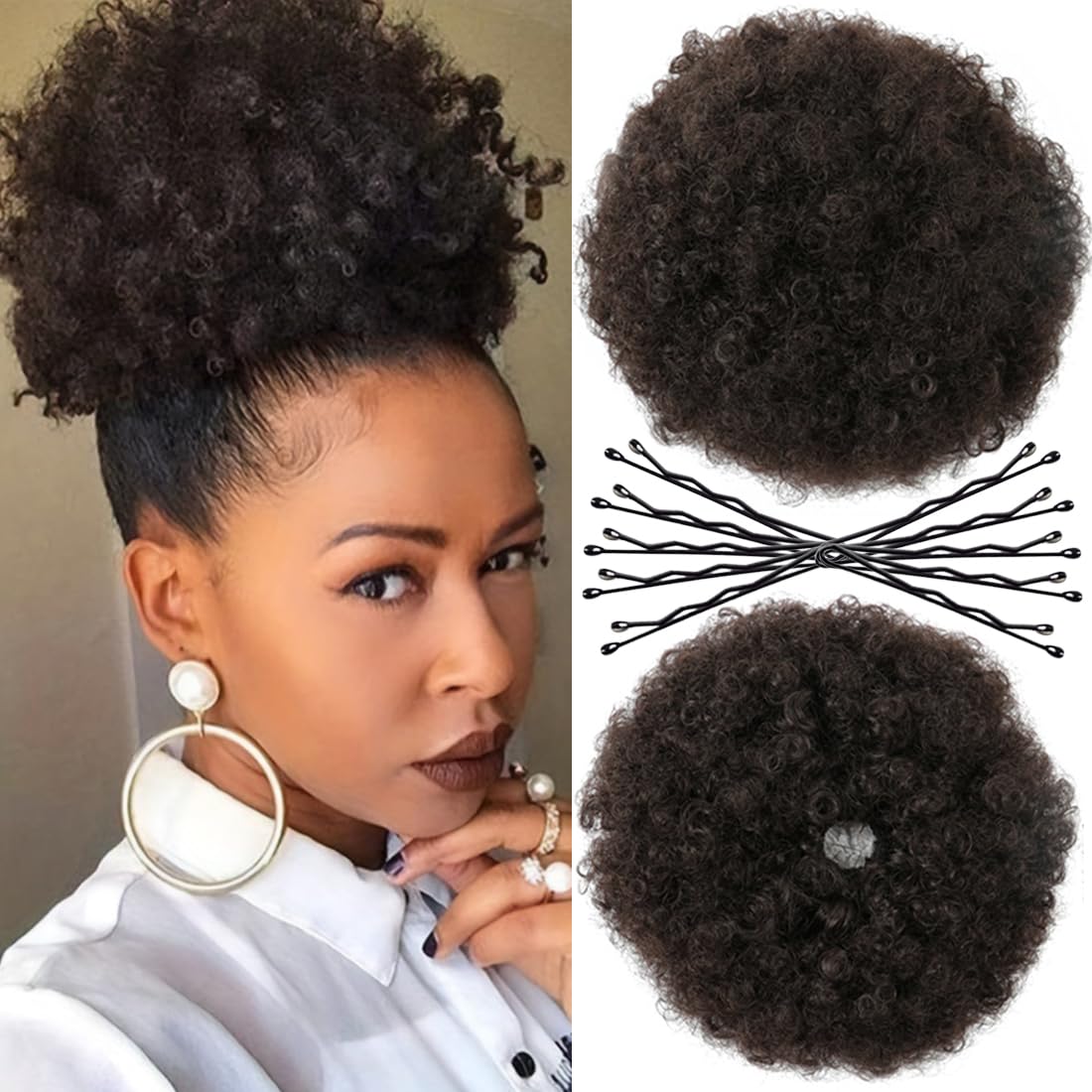 Saisifen Afro Puff Drawstring Ponytail with Clip on for Black Women Bun Afro Curly Hair Pieces with 10 pcs Hair Pins (Diameter 8
