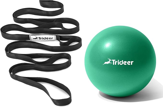 Trideer Stretching Strap and 9 Inch Mini Exercise Ball Bundle – Yoga Strap with 10 Loops and Pilates Ball for Physical The...