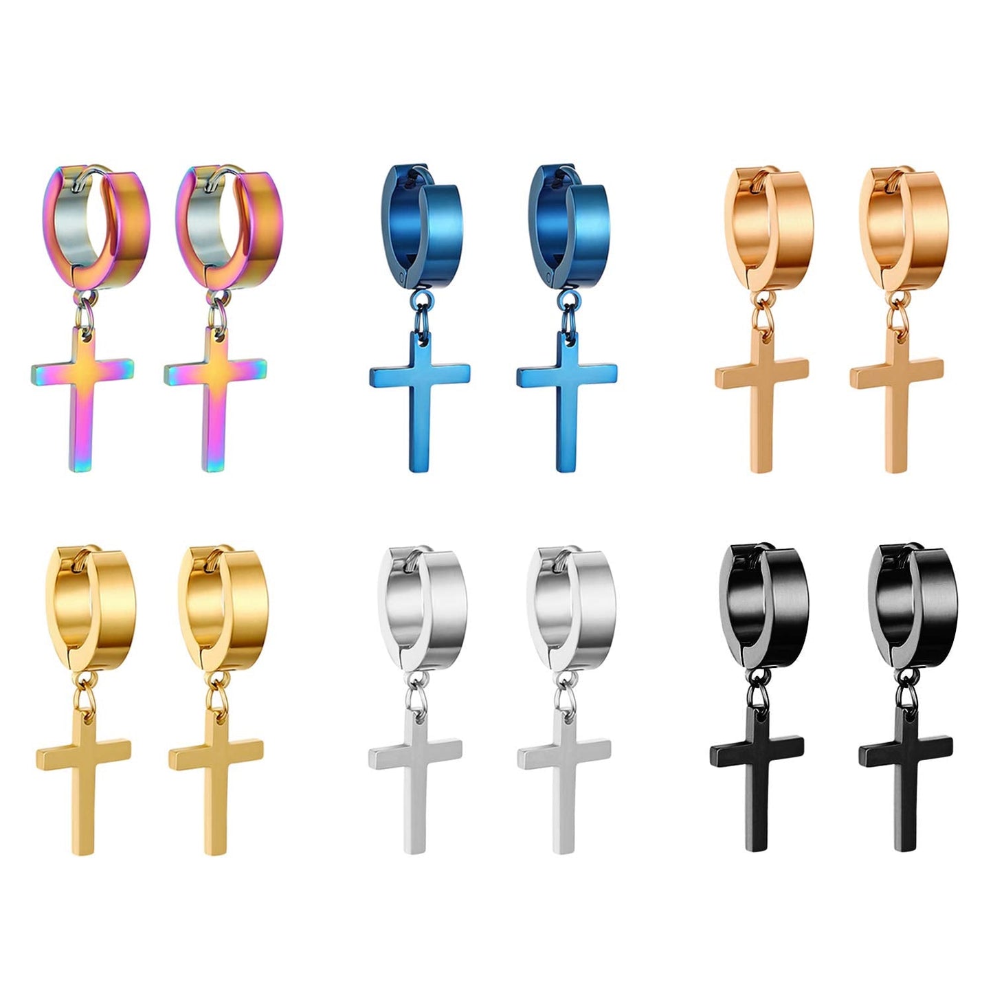 Cupimatch 3-6 Pairs Stainless Steel Cross Dangle Huggie Hinged Hoop Earrings for Men Women (6 Pairs Single Cross) for Mothers Da