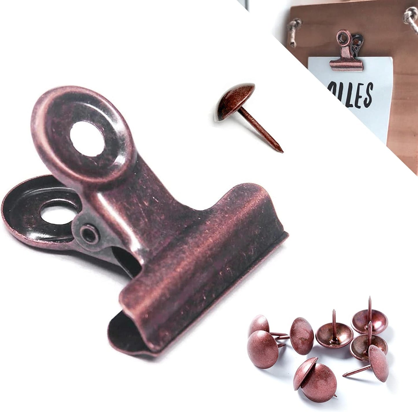 Bulldog Clips with Hole for Push-pin, Paper File Clips with Strong Spring, Small Metal Binder Clips, Seal Clamps for Coffee Tea Food Bags, Decorative Clips for DIY Photo Grid (Copper, 22 mm)