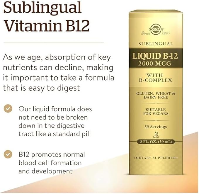 Solgar Sublingual Liquid B-12 2000 mcg with B-Complex, Supports Production of Energy - Nervous System - Promotes Heart Health - Vegan, Gluten Free, Kosher, 2 Fl Oz