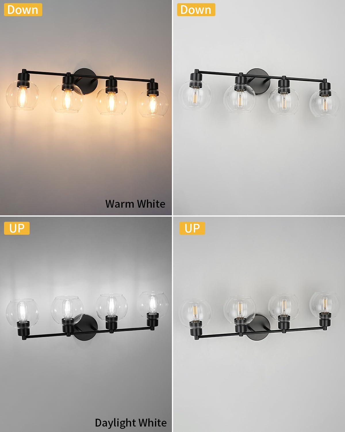 Wilon Matte Black Vanity Light  Modern 4 Light Bathroom Vanity Light With Globe Clear Glass Shades  Wall Sconces With E26 Base  Bathroom Lighting Fixtures Over Mirror  Wall Lamp For Bedroom