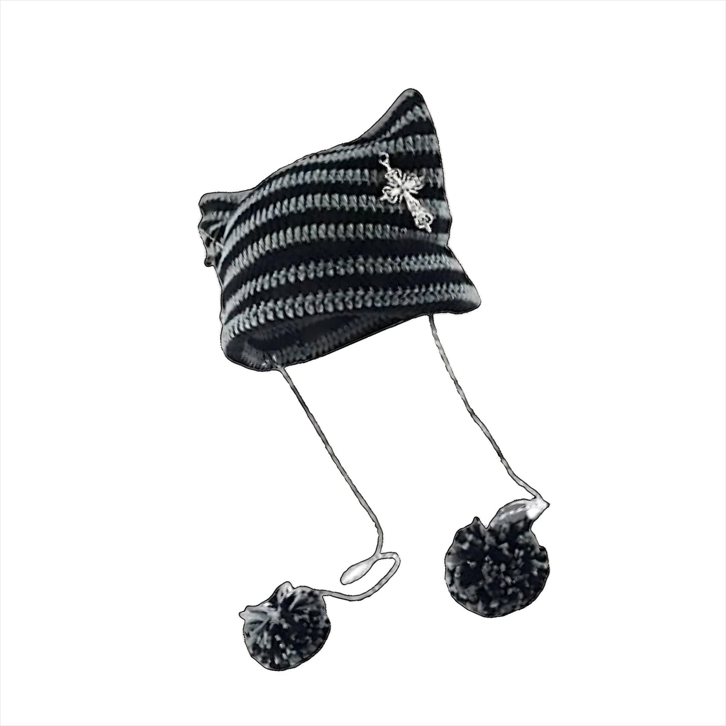 wfljl Crochet Cat Ear Beanie for Women - Goth Y2K Slouchy Knit Hat with Fox Ears & Pompoms, Trendy Animal Hats Accessories Dark Gray