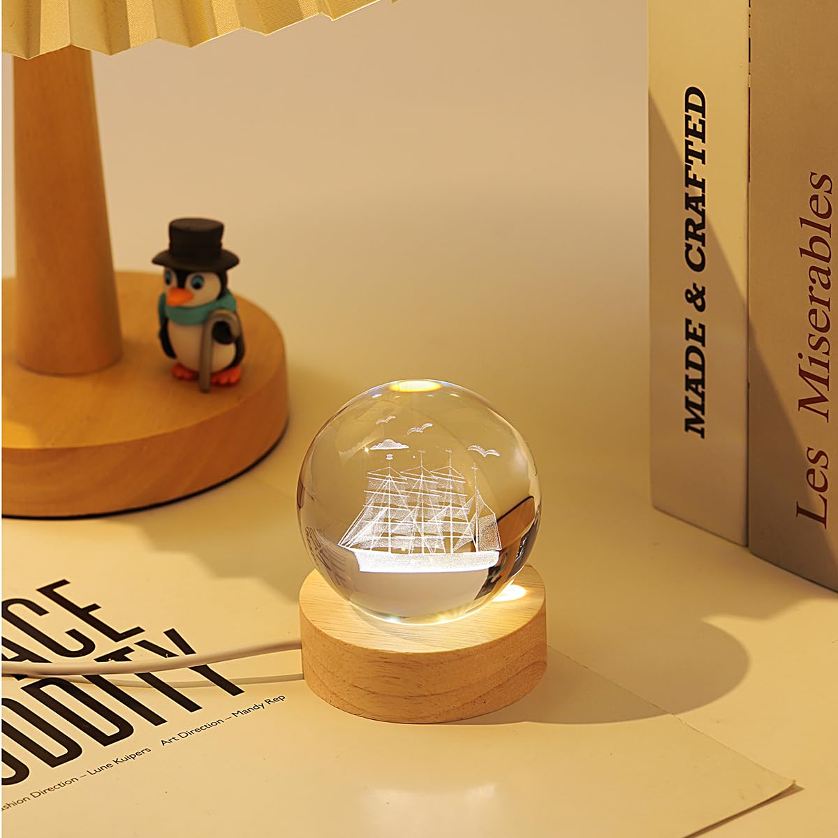 Hochance 3D Sailboat Crystal Ball Lamp With Adjustable Brightness Led Wooden Base Night Light For Kids Teens mature-themeds Birthday Gift Home Desk Office Bedroom Decor (6Cm / 2.4 )