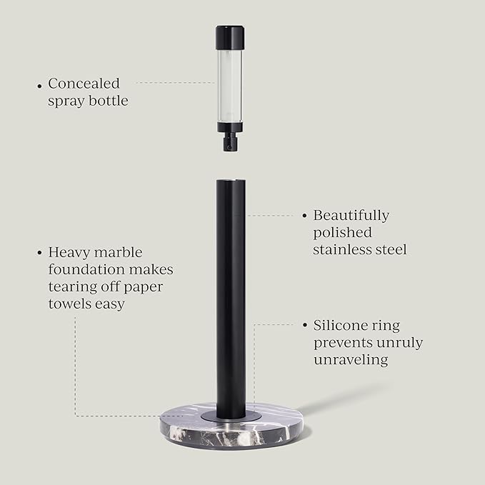 Curio Home Goods Obscura Paper Towel Holder plus Spray Bottle, Stainless Steel and Marble, Black