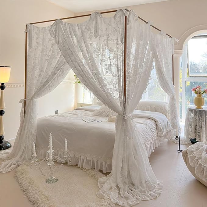 Elegant Lace Princess 4 Corner Post Mosquito Net Romantic for Girls Women Bed Curtain Canopy for Adult Wedding Bedroom Kids Rooms Decoration (Type3-Beige-White, Queen)