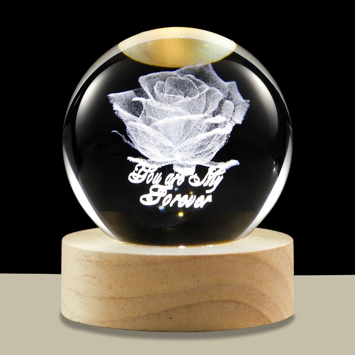Hochance 3D Rose Crystal Ball Lamp With Adjustable Brightness Led Wooden Base Night Light For Kids Teens mature-themeds Birthday Gift Home Desk Office Bedroom Decor (6Cm / 2.4 )