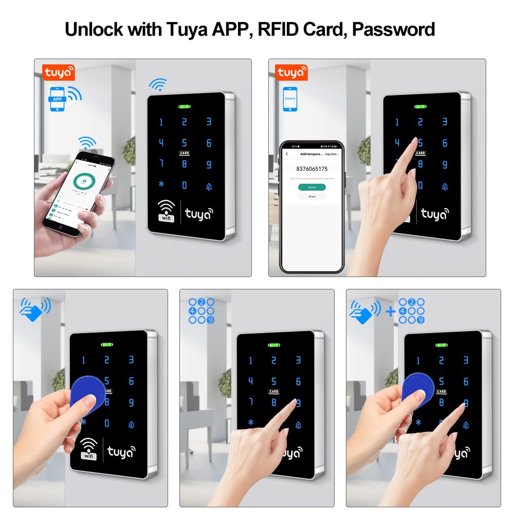 QTTYELOK Wifi Tuya Access Control System Kit Outdoor Waterproof RFID Access Controller Touch Keypad 125KHz 13.56MHz + 180KG Electric Magnetic Lock, Smart Phone APP Password Unlock