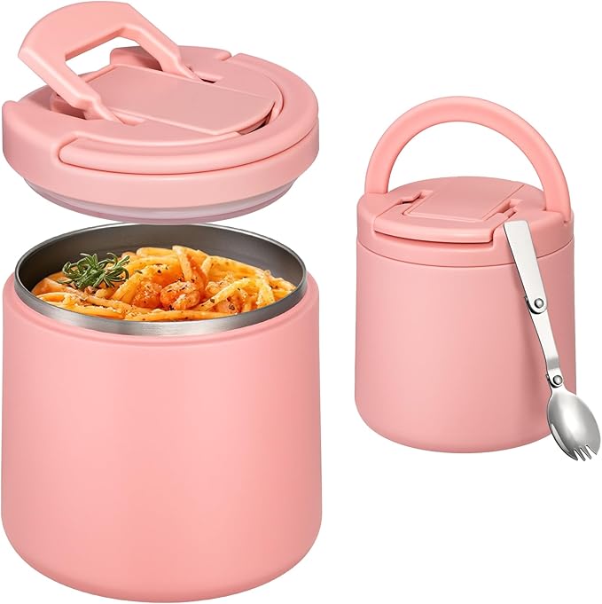Kids Thermo for Hot Food 20oz Lunch Containers with Buckle Lid Wide Mouth Hot Food Jar Vacuum Insulated Stainless Steel Bento Box Leakproof with Spoon(Pink)