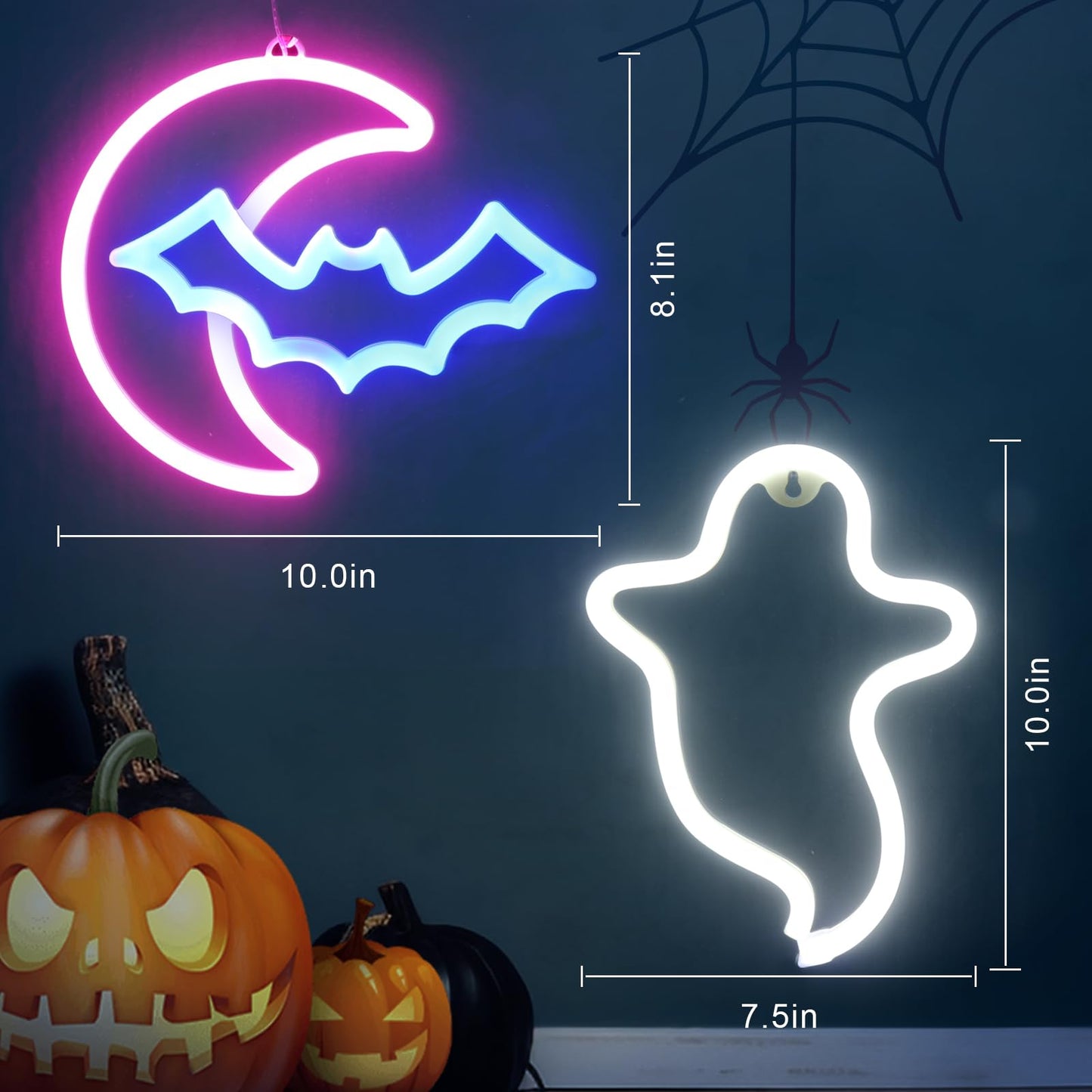 Brightdeck 2 Pack Halloween Neon Signs  White Ghost  Blue Bat Full Moon Neon Lights Decorations  Usb/Battery Powered Led Neon Sign For Halloween Wall Decor  Bedroom  Kids Gift  Living Room  Bar  Party (Half Moon)