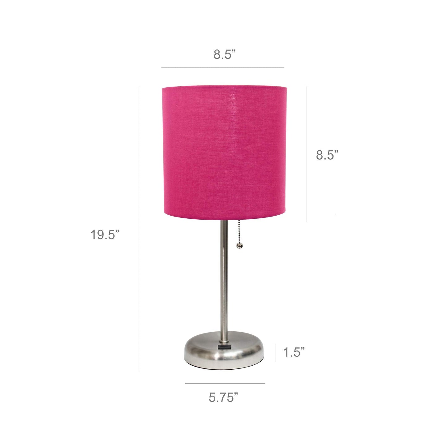 Simple Designs LC2002-PNK-2PK Brushed Steel Table Lamp Set with USB Port, Pink Fabric Shades, 2 Pack