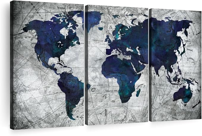 ElephantStock Deep Blue World Map Multi Piece Canvas - 3 Panel Wall Decor - Map of the World Art - Canvas for the Office and Home - 65" X 42"