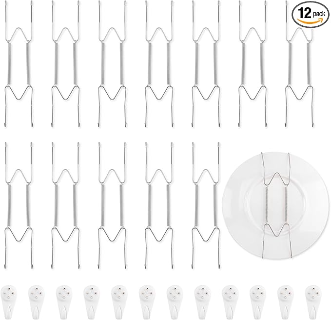 Bilillo 12 Pack Plate Hangers for The Wall, Suitable for 9-11 inch Art Plate, Stainless Steel Invisible Heavy Duty Wire Plate Holder with Wall Hooks, Plate Hangers for Displaying Plates, Silver