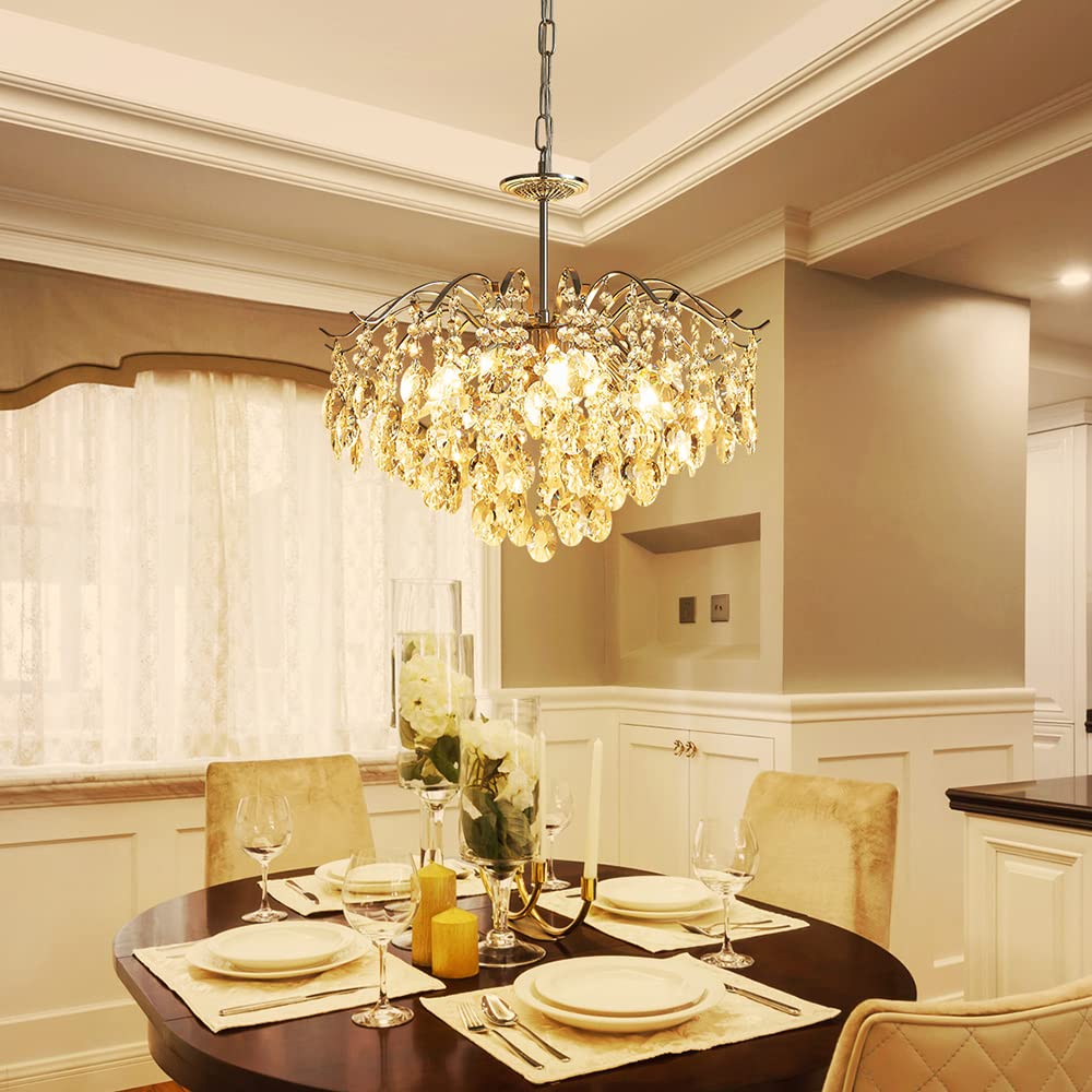 SM Saint Mossi Modern K9 Crystal Chandelier, 6-Lights, D20 x H17, Chrome Finish, Model 22027, Adjustable Chains