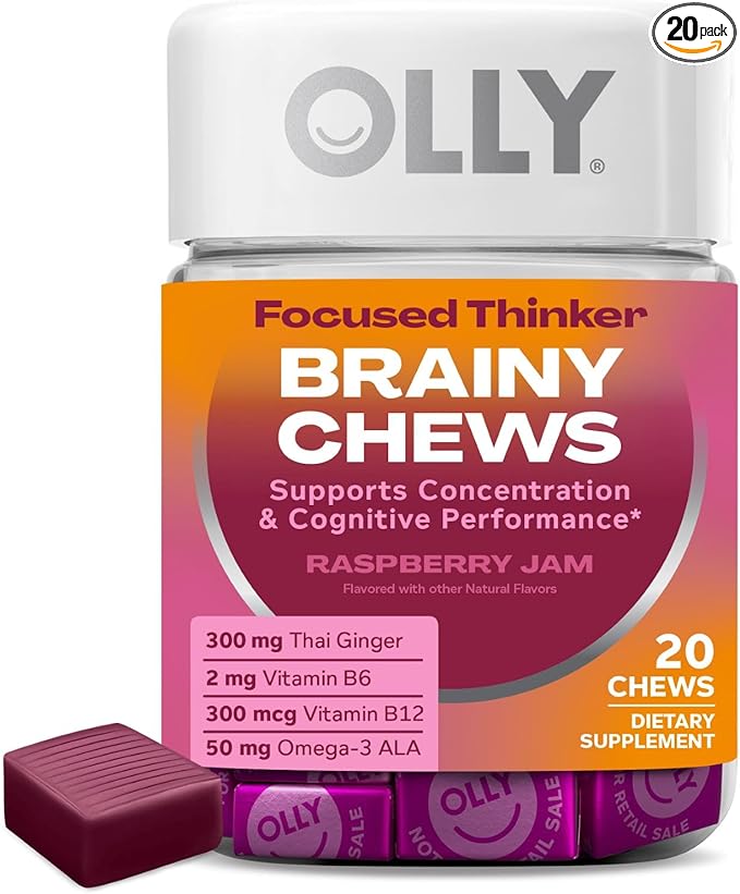 OLLY Focused Thinker Brainy Chews, Omega-3 ALA, Vitamins B6 & B12, Plus Thai Ginger Extract for Alertness, Concentration & Cognitive Performance Support, Vegetarian, Raspberry, 20 Count